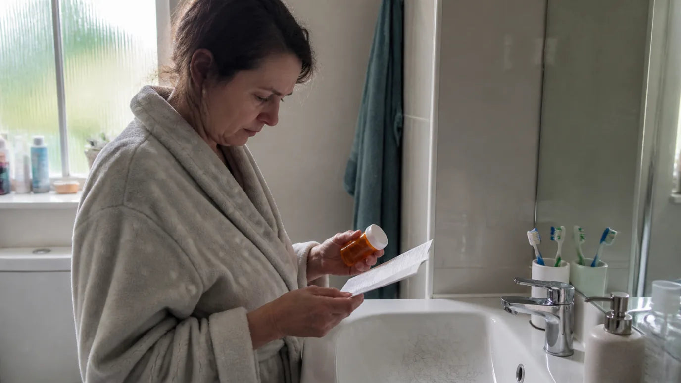 A woman at her bathroom sink reading the paper leaflet folded inside her prescription bottle