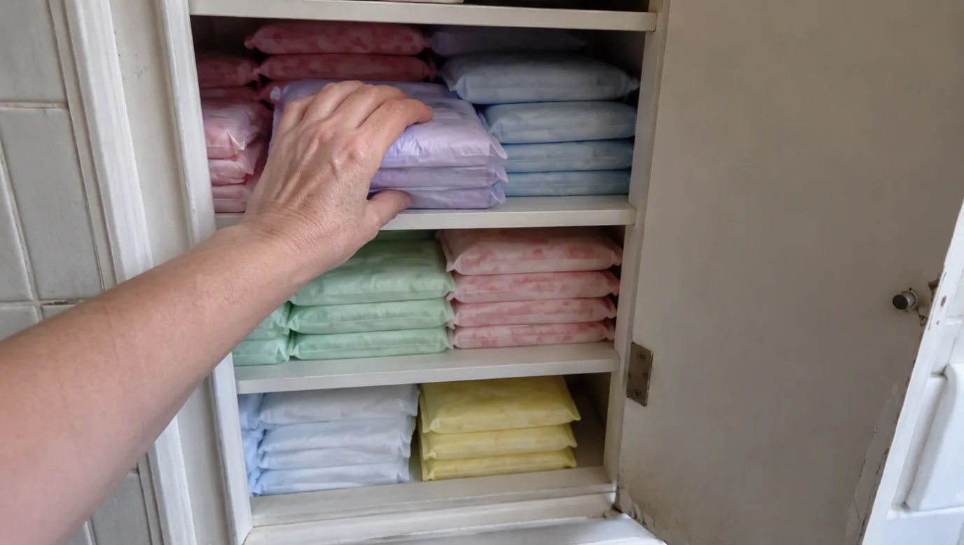 An open bathroom cupboard stacked with packets of absorbent liners, a hand reaching for one