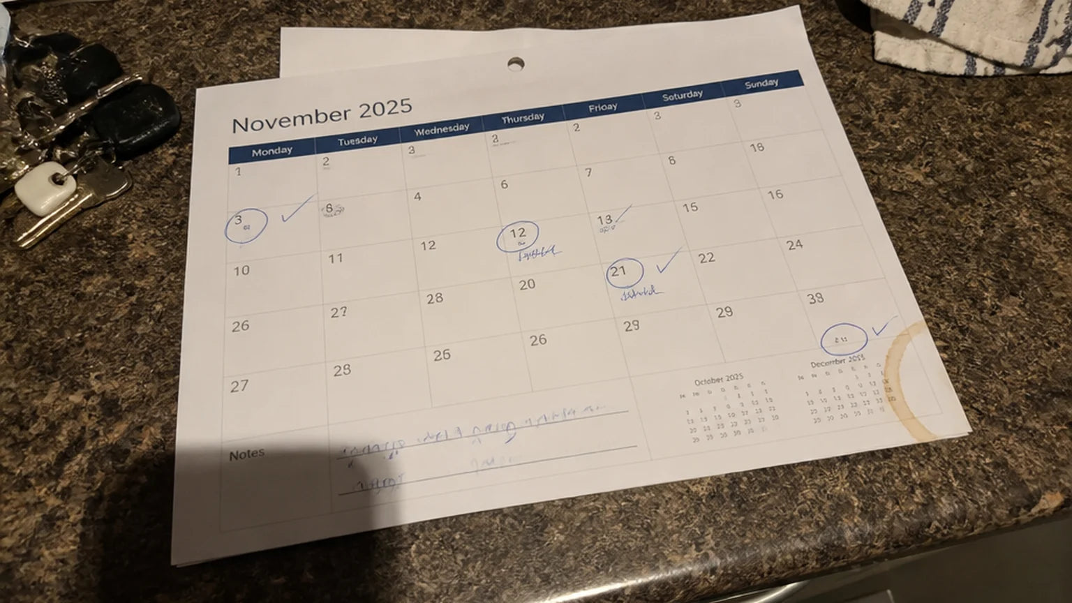 A kitchen-counter calendar with weeks marked off in biro