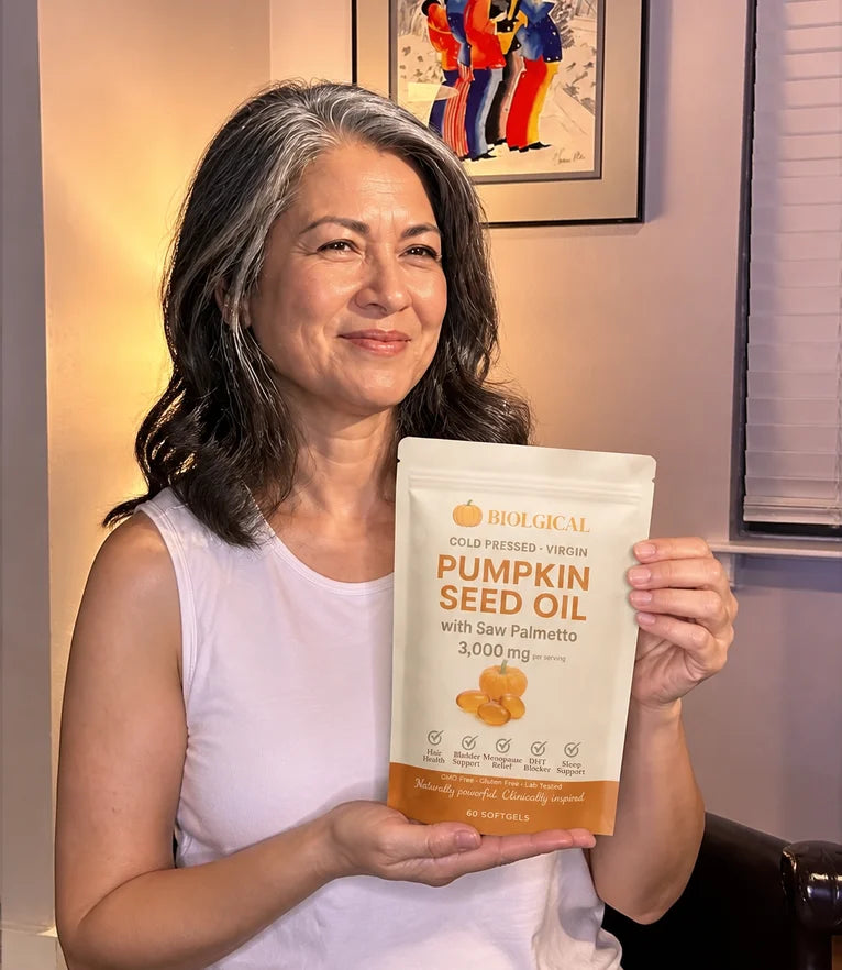 Donna holding the Biolgical Pumpkin Seed Oil pouch