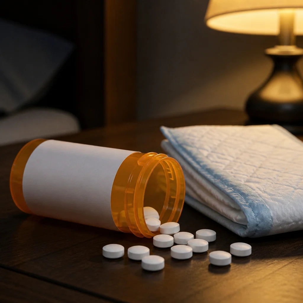 A bladder pill bottle and a pad on the nightstand
