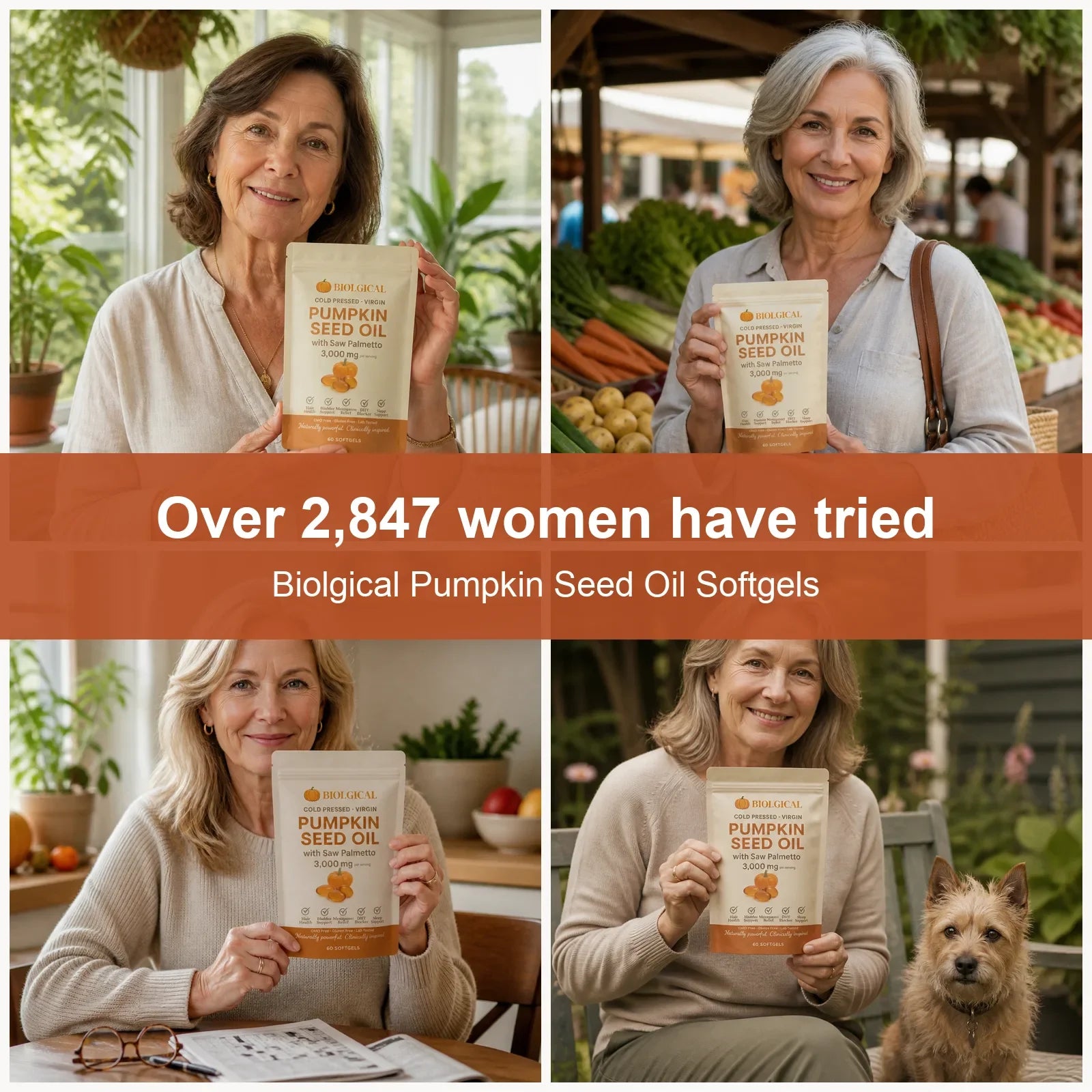 Over 2,847 women have tried Biolgical Pumpkin Seed Oil Softgels: four women holding the pouch