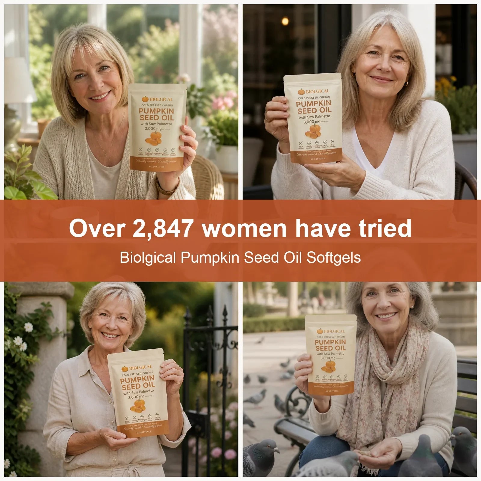 Over 2,847 women have tried Biolgical Pumpkin Seed Oil Softgels: four women holding the pouch