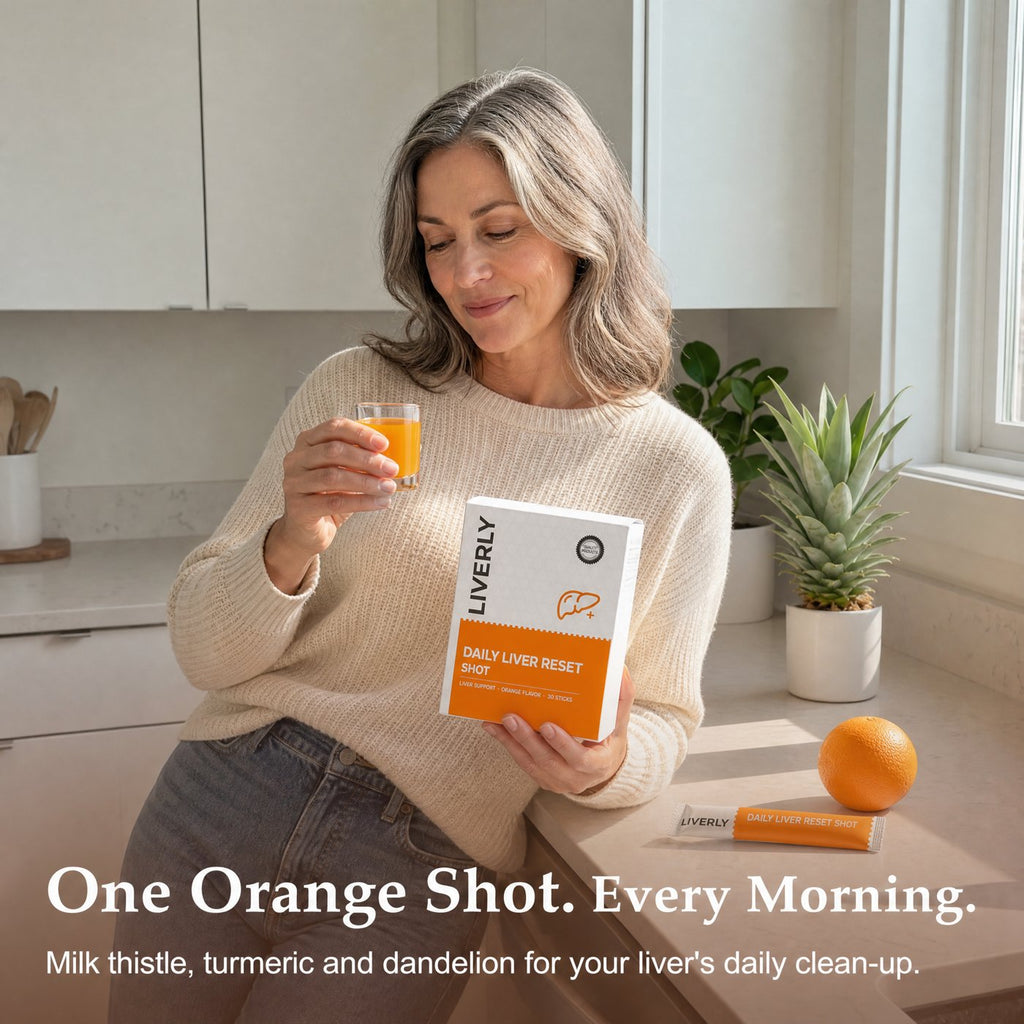Woman drinking her LIVERLY orange liver reset shot in the morning