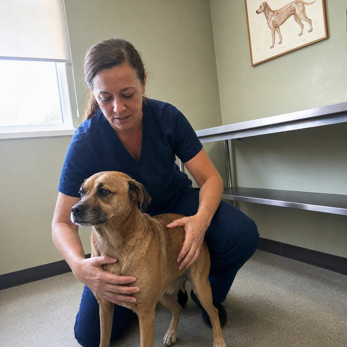 A veterinarian examining a dog, hands on the animal, no dispensary behind him