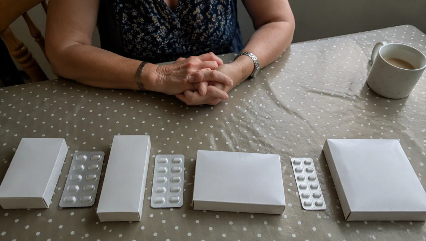 Five different medicine boxes and blister packs lined up in a row on a kitchen table