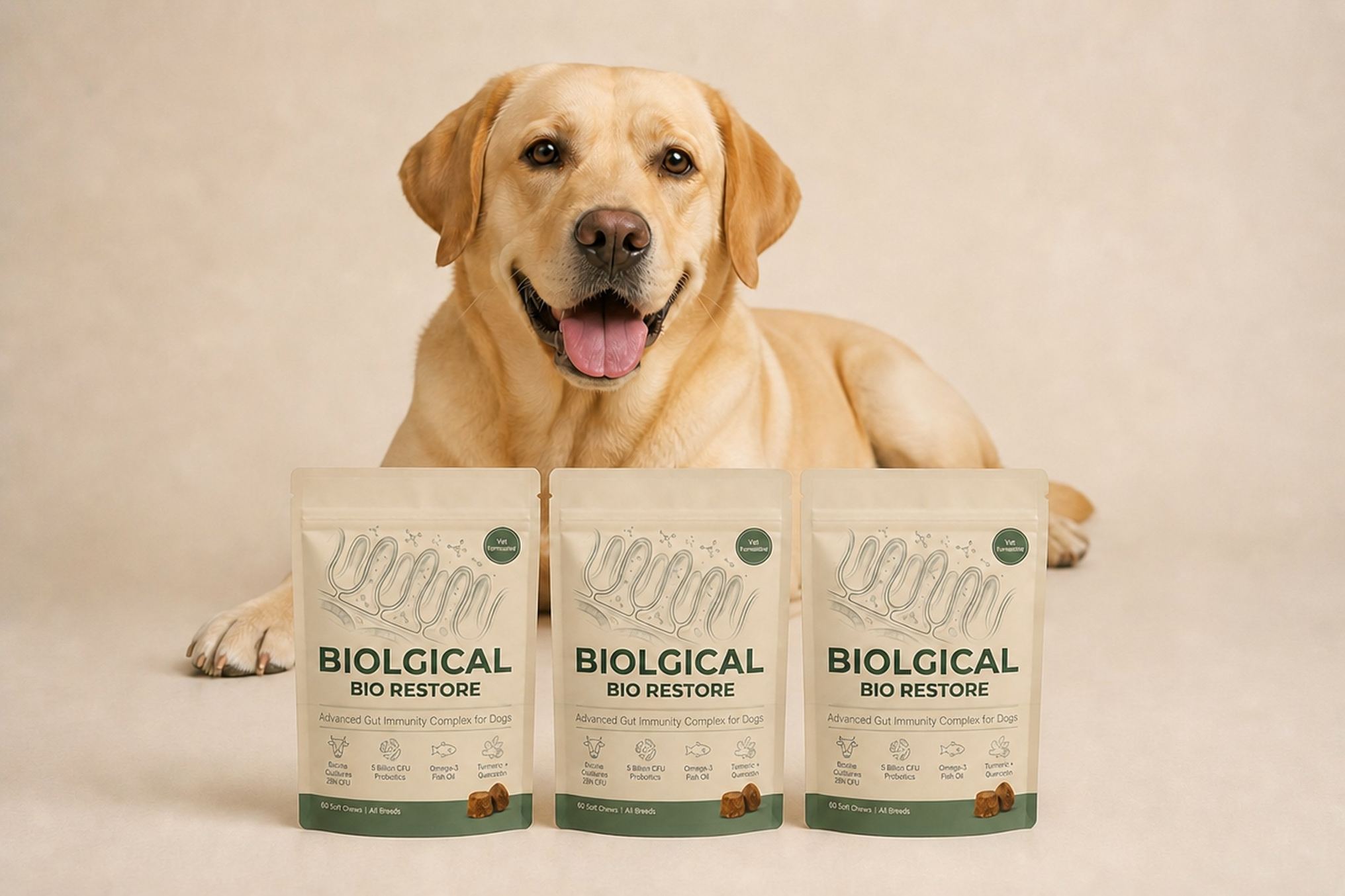 A yellow Labrador retriever lies on a plain background beside three pouches of Bio Restore soft chews.