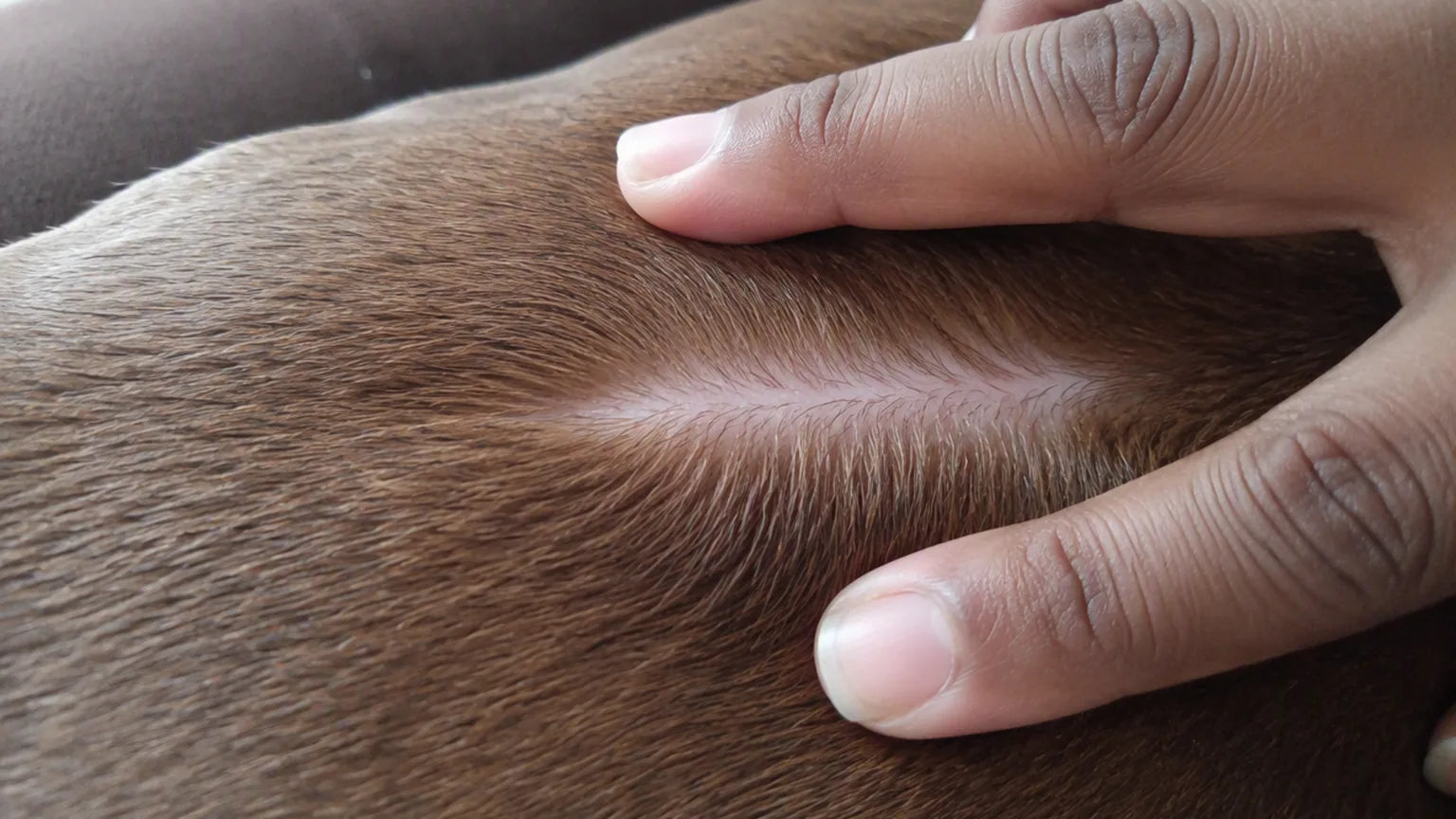 Fingers parting a dog's coat to show calm pale-pink skin underneath, with no flakes