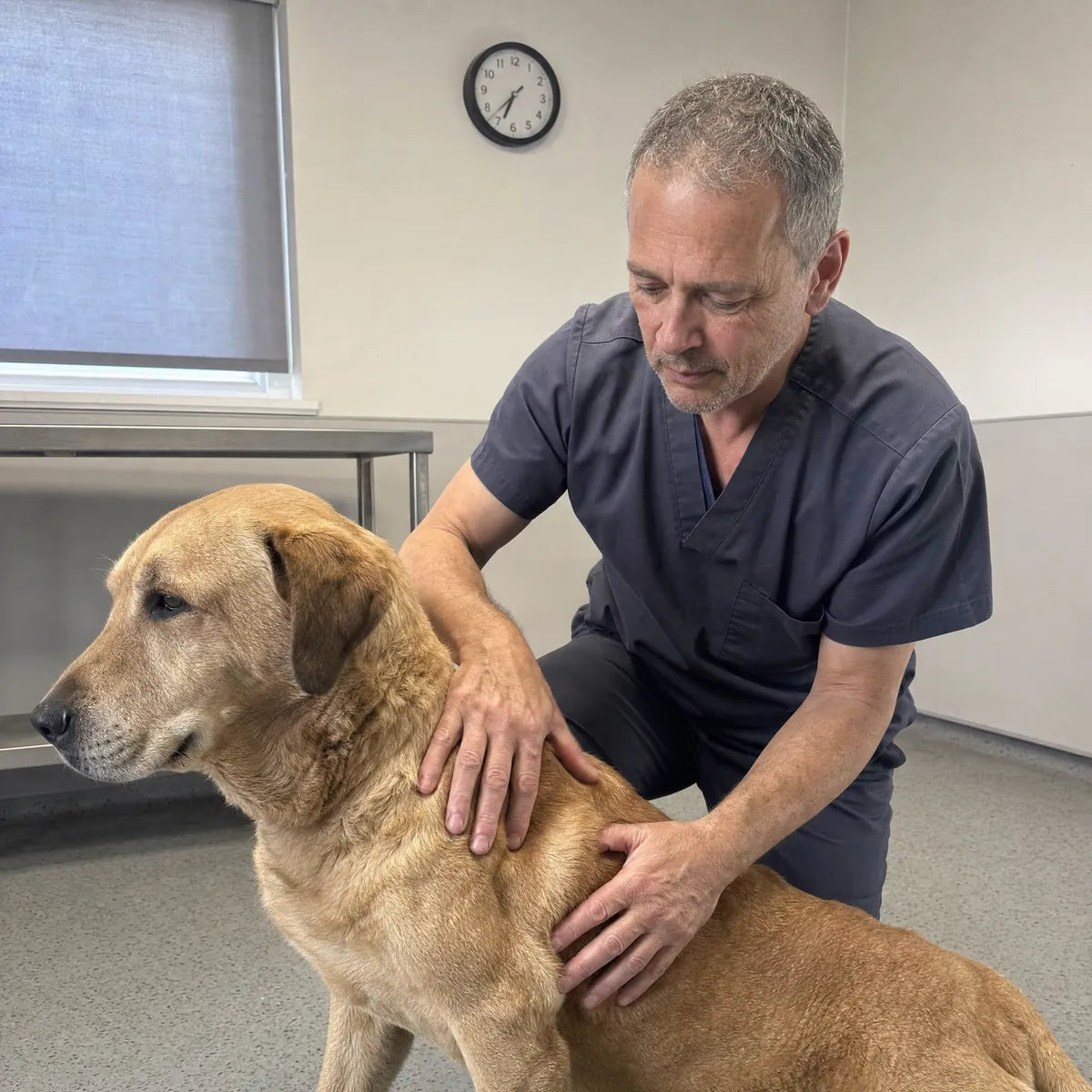 A veterinarian examining a dog, hands on the animal, no dispensary behind him
