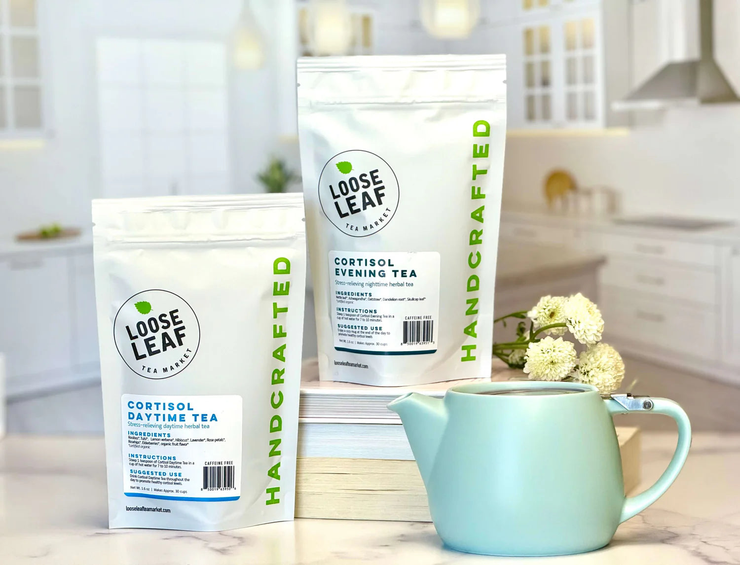 Cortisol Daytime and Evening Tea bundle with a cup of tea