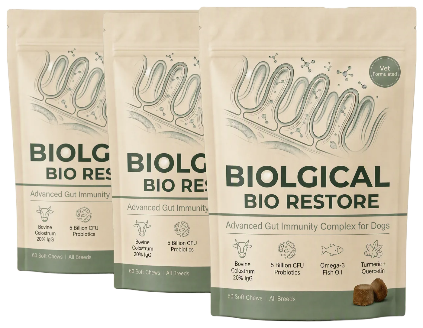 Three packs of Biolgical Bio Restore soft chews for dogs