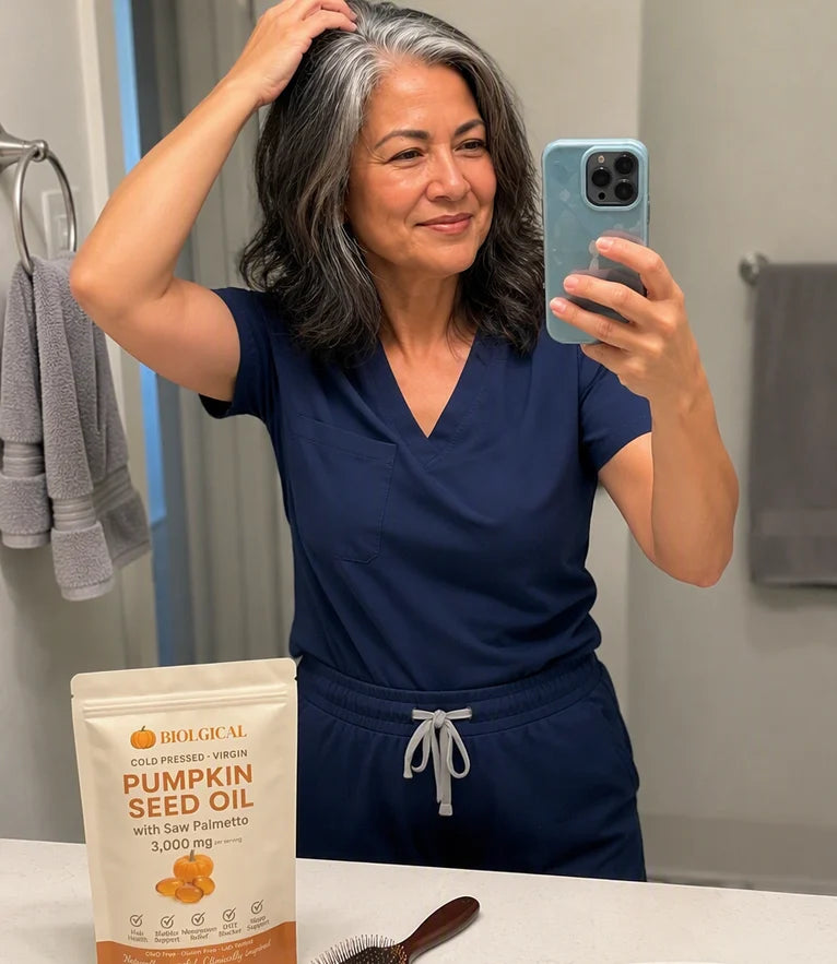 Donna checking her crown in the bathroom mirror, the Biolgical pouch on the counter