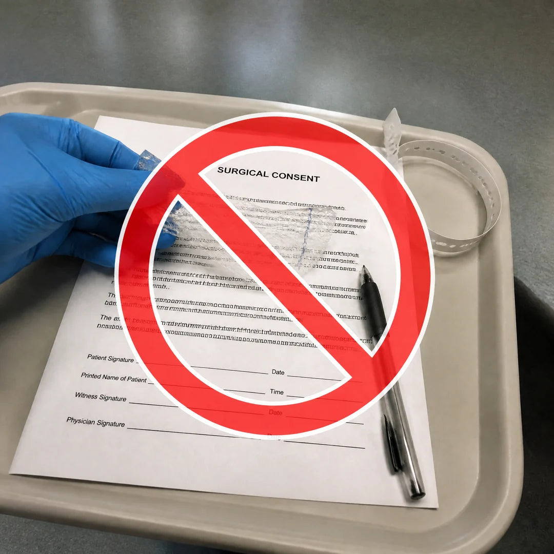 The sling-surgery consent form and mesh sample on the clinic tray, crossed out