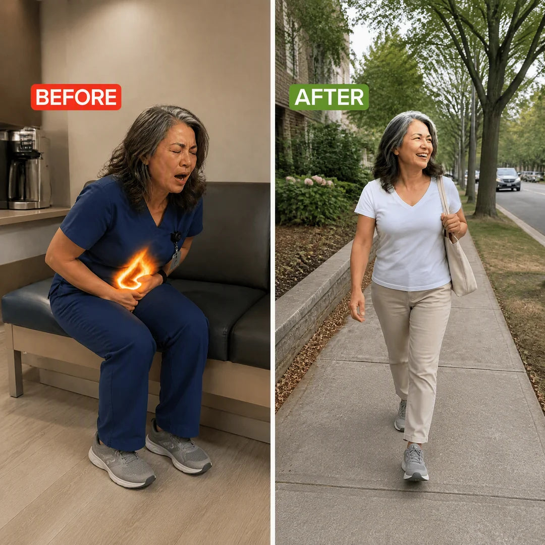 Before and after: bracing mid-sneeze in the break room, then walking freely