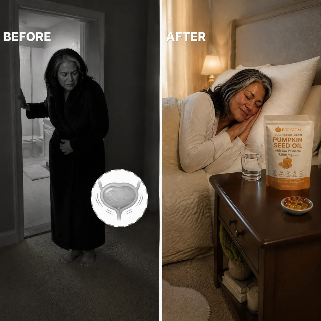 Before: the 3am bathroom doorway in black and white. After: asleep at dawn, the pouch on the nightstand