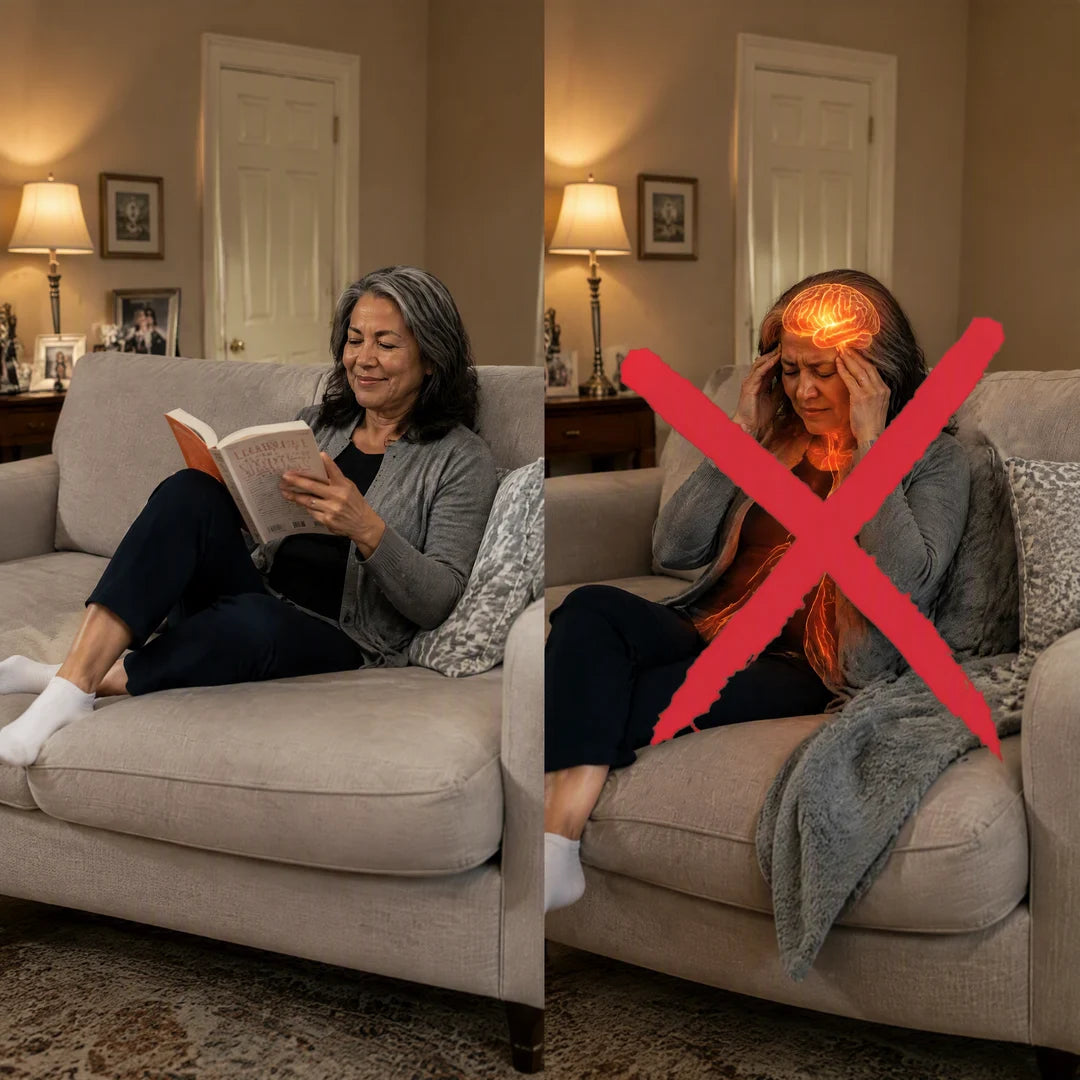 Calm on the couch, then the same woman with the bladder pill glowing through her brain, crossed out