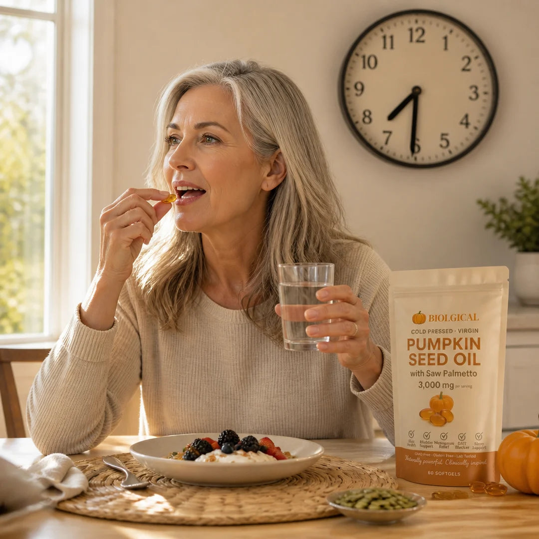 A woman of 60 taking a softgel with breakfast at 7:30 a.m., the Biolgical pouch beside her plate