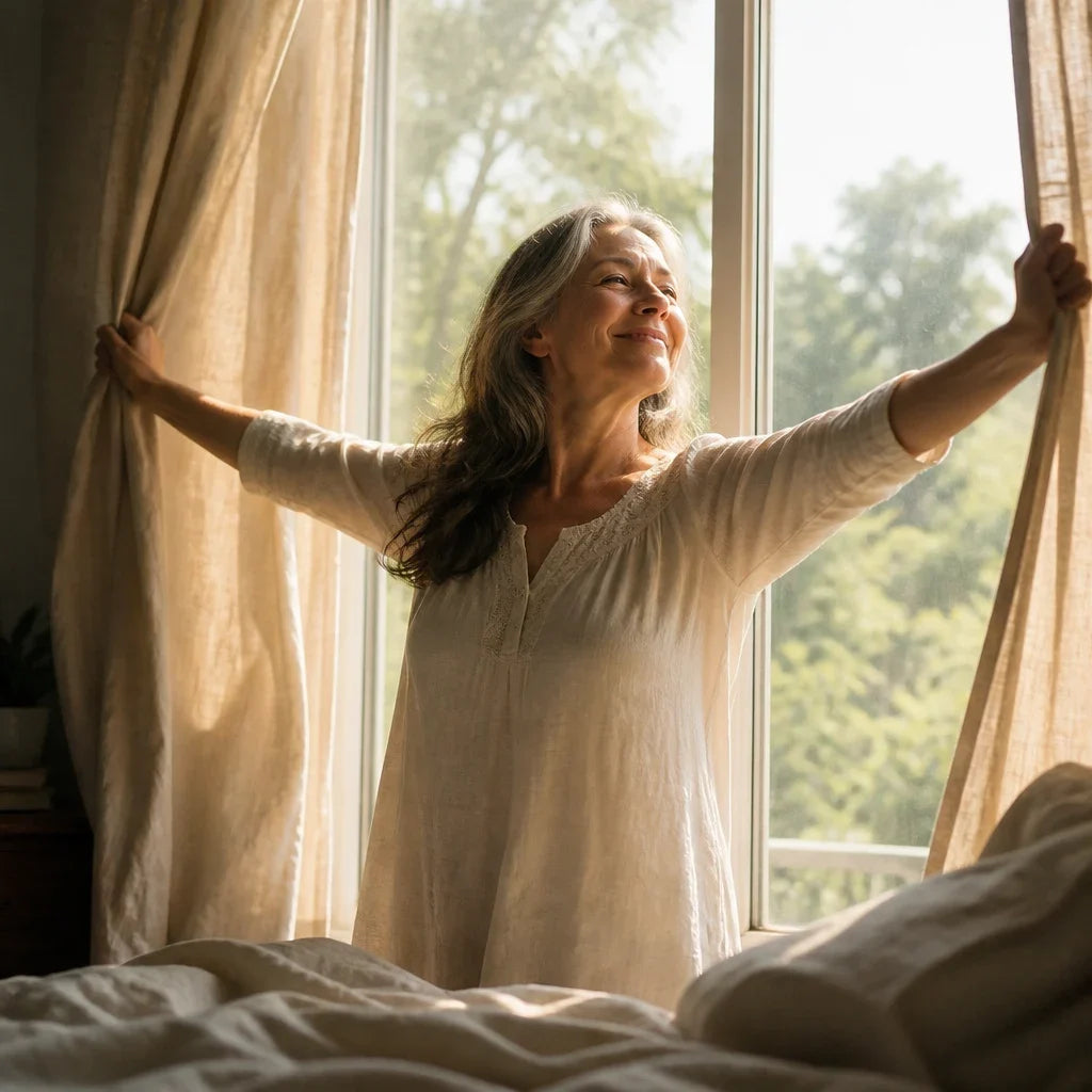 A woman of 60 throwing open her bedroom curtains at 7 a.m., stretching and rested