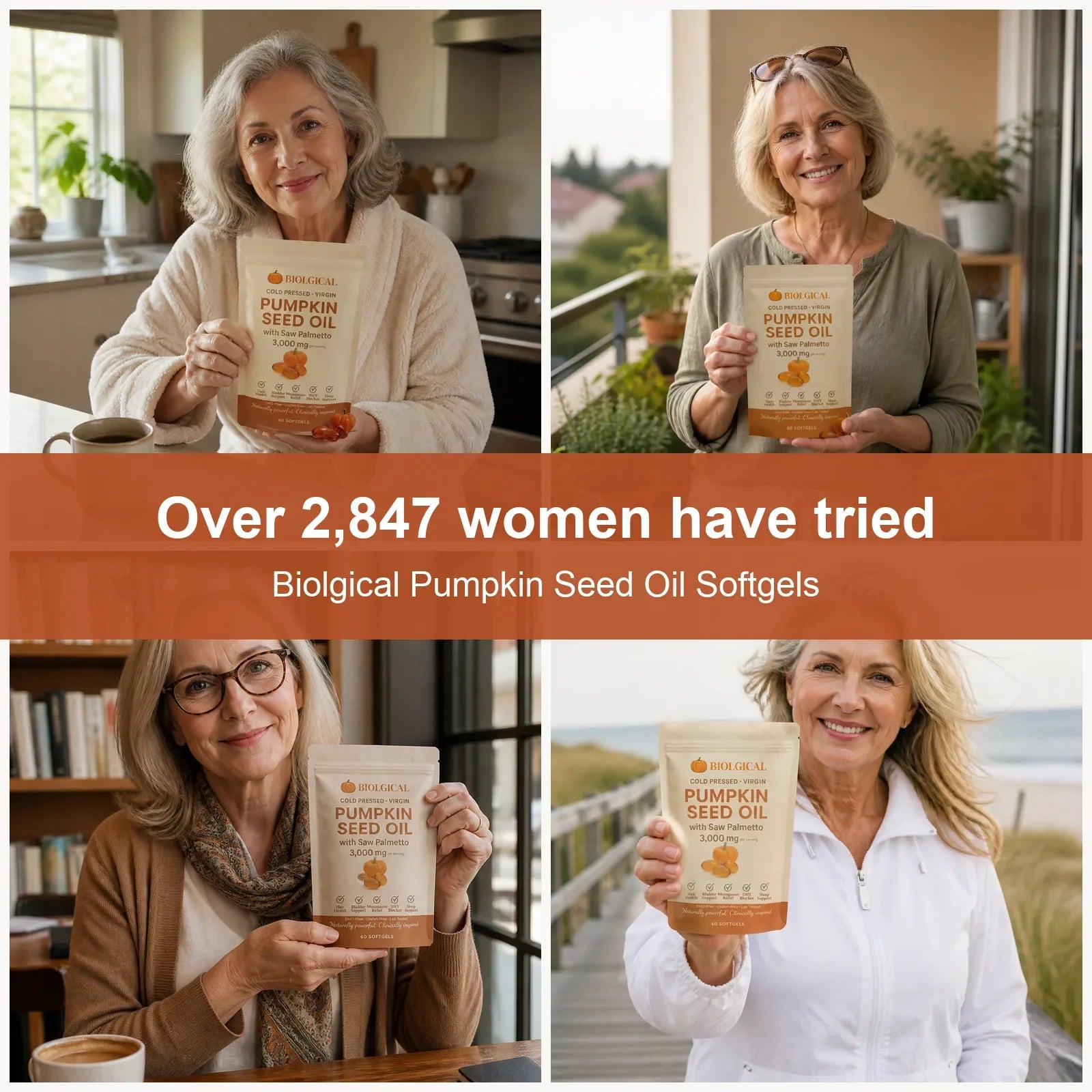 Over 2,847 women have tried Biolgical Pumpkin Seed Oil Softgels: four women holding the pouch