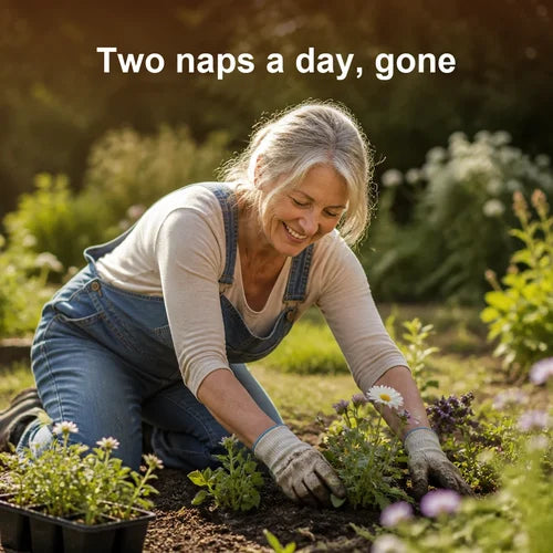 Two naps a day, gone: a woman of 60 planting in her garden mid-afternoon