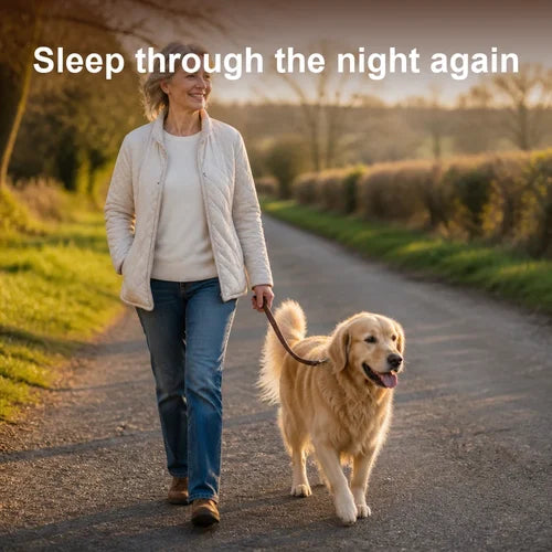 Sleep through the night again: a woman of 60 on a sunrise walk with her dog