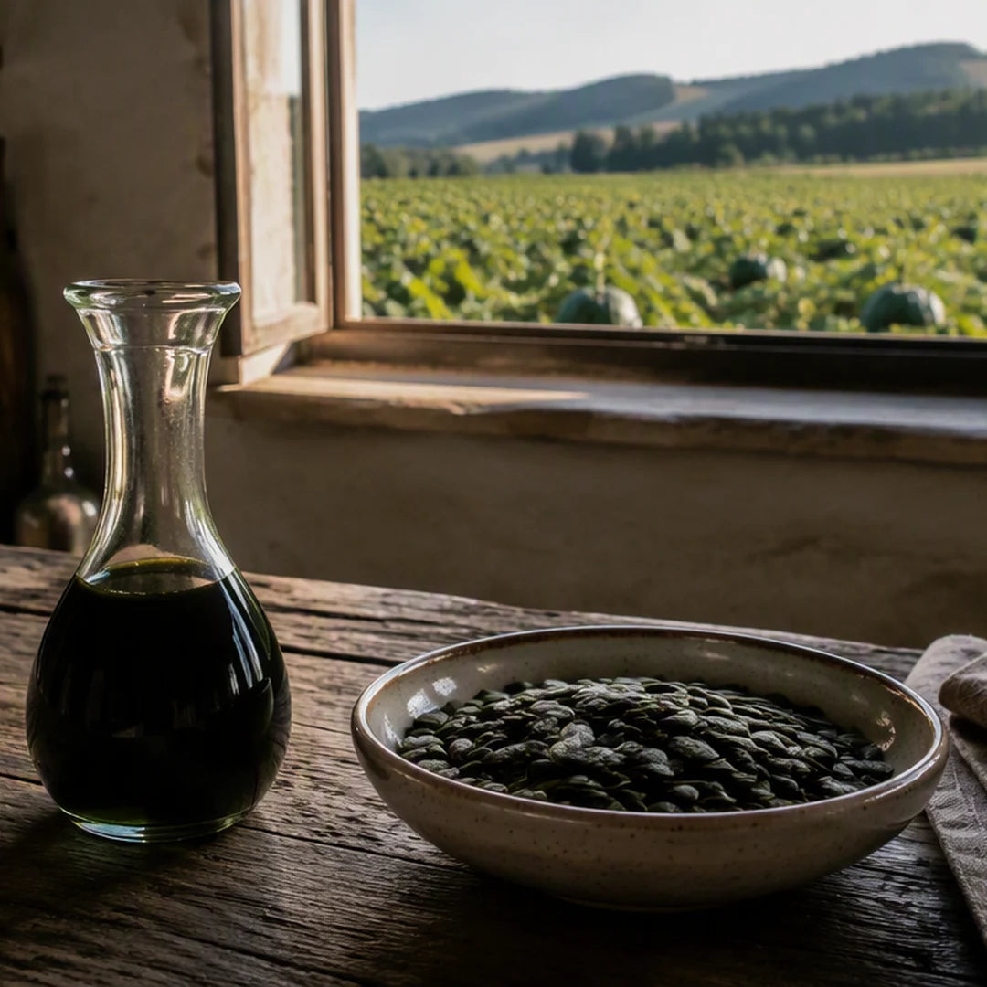 Cold-pressed Styrian pumpkin seed oil and seeds