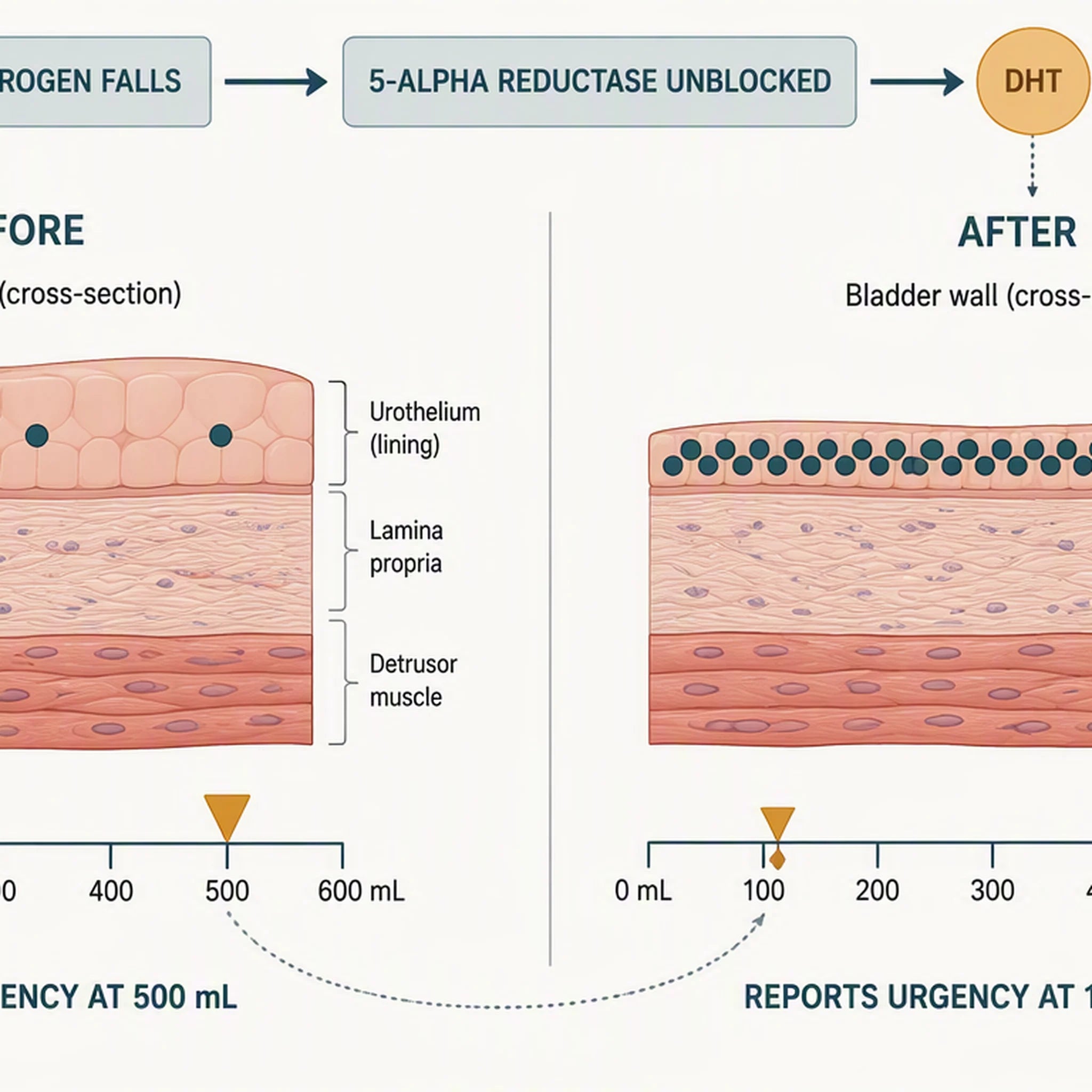 Bladder wall before and after estrogen falls and DHT rises