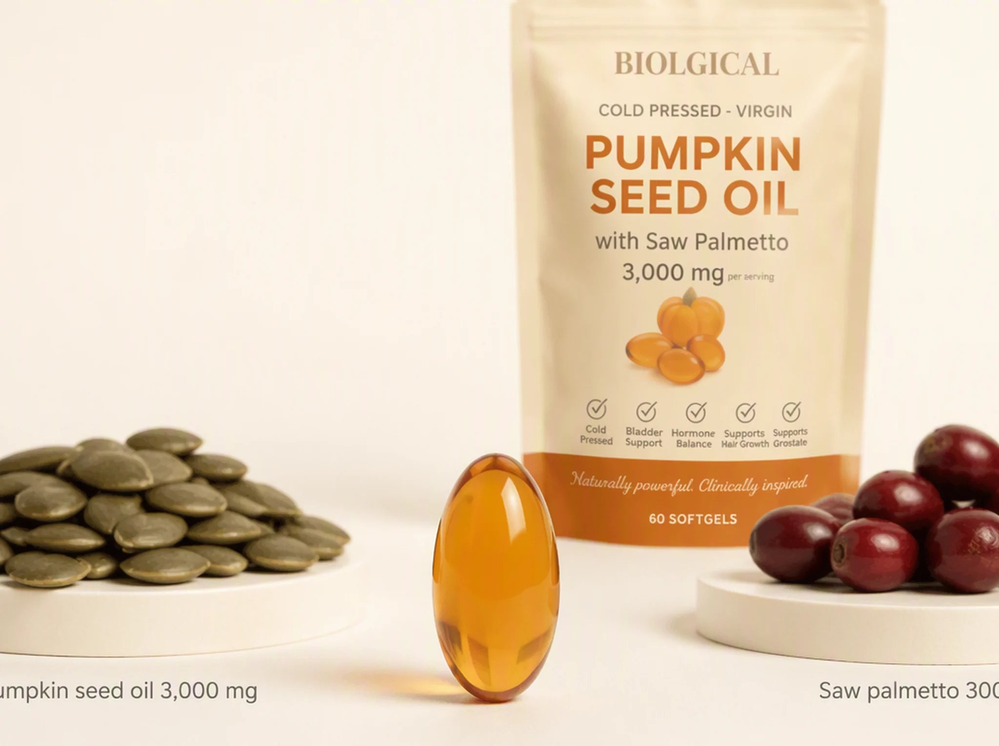 Biolgical Pumpkin Seed Oil pouch with a softgel and pumpkin seeds
