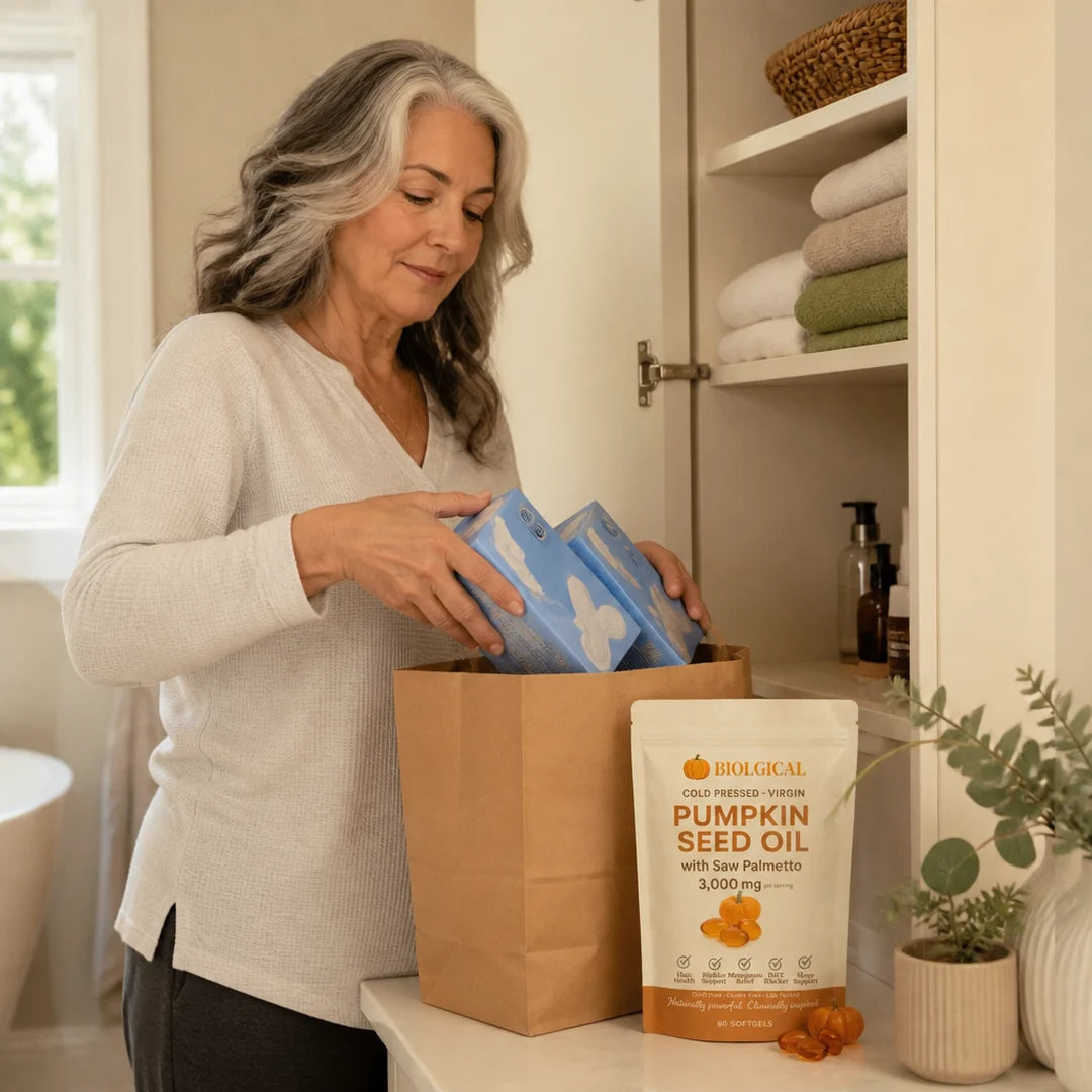 A woman of 60 clearing pad boxes from a cupboard and setting a Biolgical pouch on the shelf