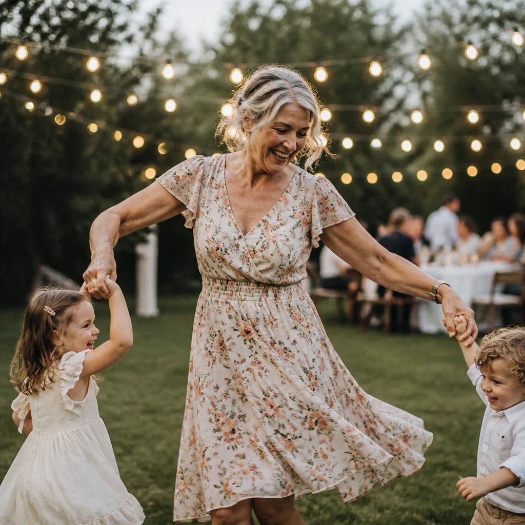 A woman of 60 dancing with her grandchildren at a garden wedding