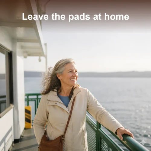 Leave the pads at home: a woman of 60 on a ferry deck with one small handbag