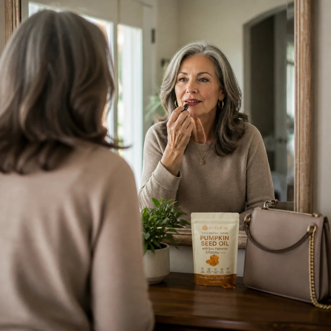 A woman of 60 putting on lipstick at the hall mirror, handbag ready, a Biolgical pouch on the hall table