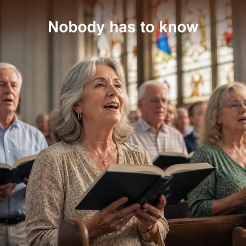 Nobody has to know: a woman of 60 singing in a church pew