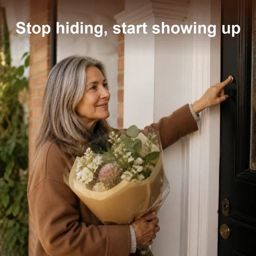Stop hiding, start showing up: a woman of 60 arriving at a friend's door with flowers