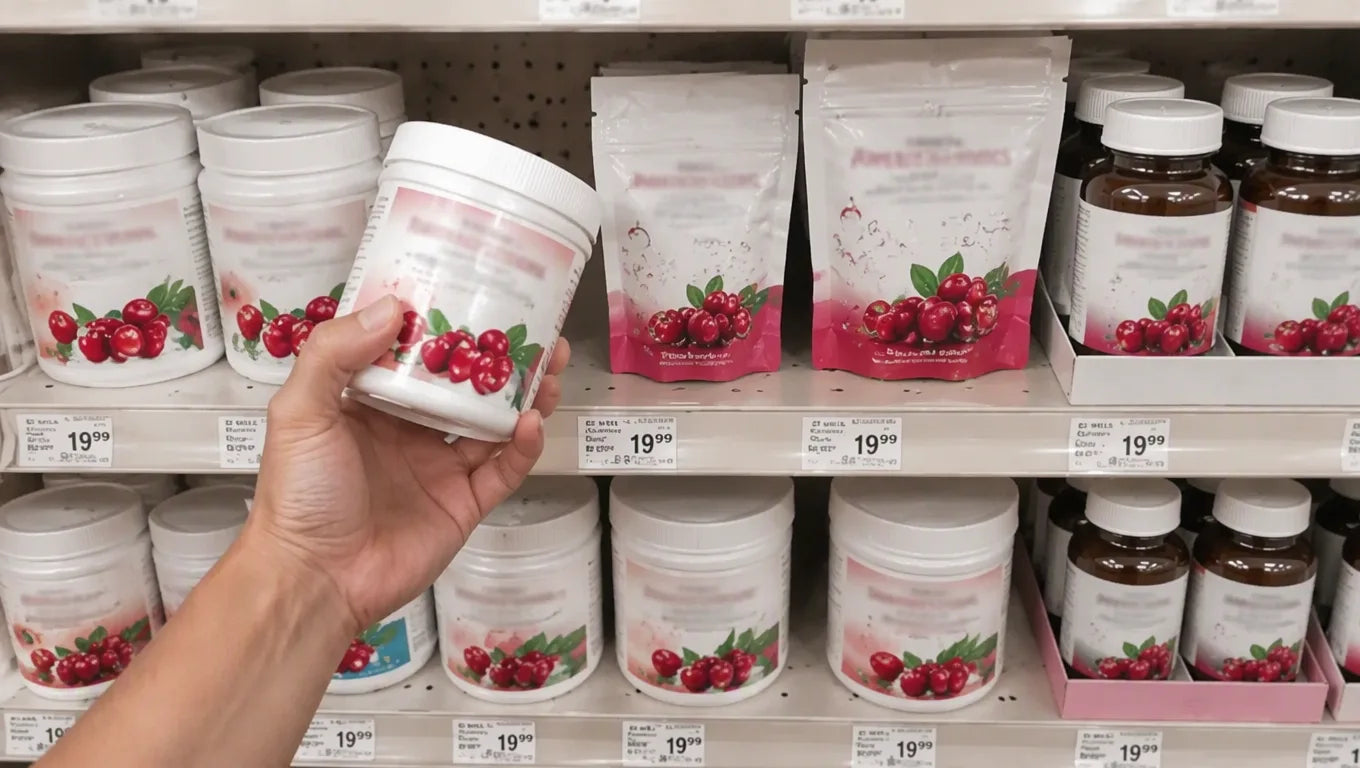 Pet-store shelf crowded with dog supplement tubs, a hand lifting one down