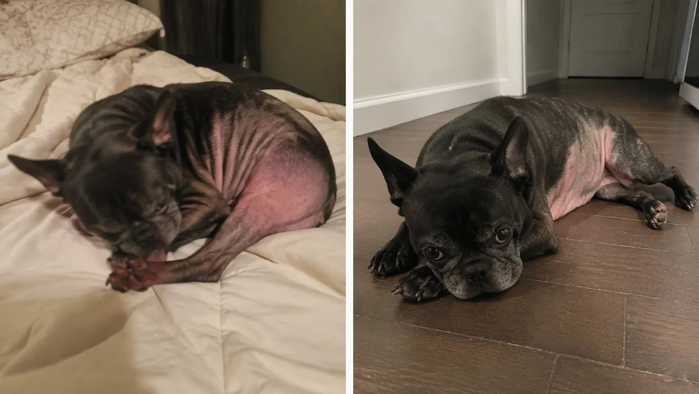 Bella, a black French Bulldog, chewing at her paw on the bed and lying flat on the hallway floor, her belly bare and inflamed