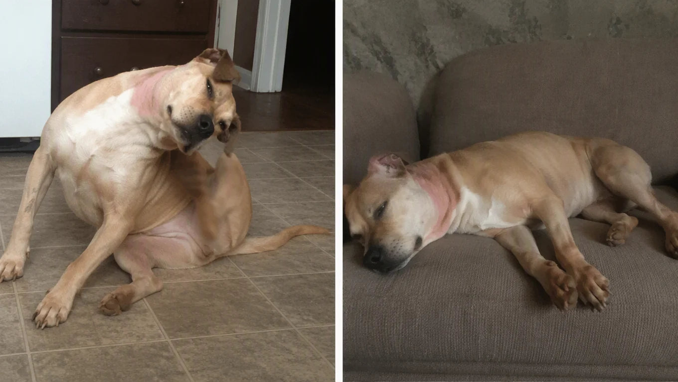 A tan and white dog scratching hard at her shoulder on the kitchen floor, and lying flat and worn out on the sofa